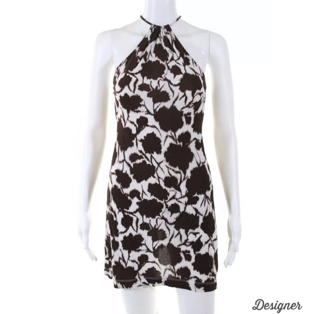 DESIGNER Brown/Wht Floral Print Halter Dress